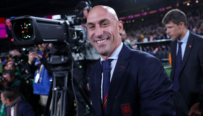 President of the Royal Spanish Football Federation Luis Rubiales (C) reacts at the end of the Australia and New Zealand 2023 Womens World Cup final football match between Spain and England at Stadium Australia in Sydney on August 20, 2023. — AFP