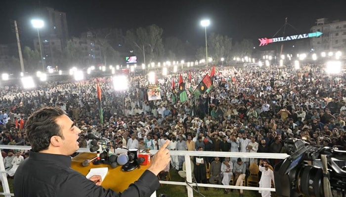 Pakistan Peoples Party (PPP) Chairman Bilawal Bhutto-Zardari speaking at Sukkurs Jinnah Stadium on September 11, 2023. — X/@MediaCellPPP