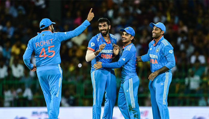 India´s Jasprit Bumrah (second left) celebrates with teammates after taking the wicket of Sri Lanka´s Kusal Mendis (not pictured) during the Asia Cup 2023 Super Four ODI cricket match between India and Sri Lanka at the R. Premadasa Stadium in Colombo on September 12, 2023. — AFP