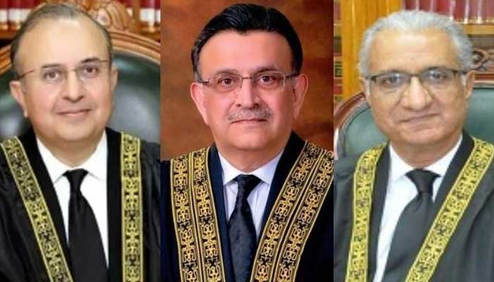 Left to right: Justice Mansoor Ali Shah, CJP Umar Ata Bandial and Justice Ijazul Ahsan. — SC Website/File