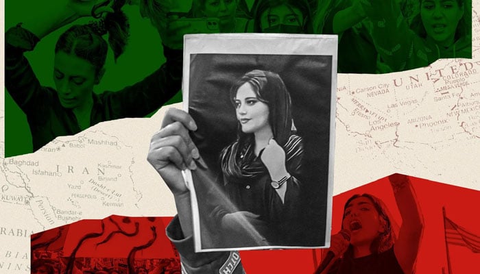 Digital art shows Jina Mahsa Aminis picture with Iran women protesters cutting their hair, singing and demonstrating in the background. — Twitter @renali