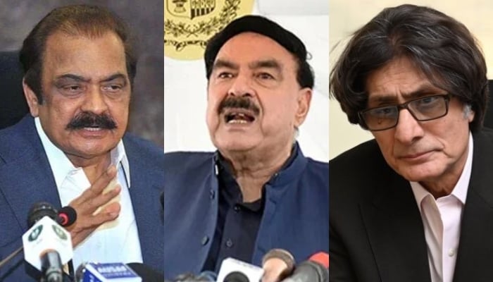 Former interior ministers Rana Sanaullah and Sheikh Rashid, and PTI spokesperson Raoof Hasan. — APP/Online/X/@RaoofHasan