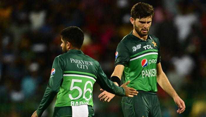 Pakistan´s Shaheen Afridi (right) celebrates after taking the wicket of Sri Lanka´s Dhananjaya de Silva (not pictured) during the Asia Cup 2023 Super 4 ODI  match between Sri Lanka and Pakistan at the R. Premadasa Stadium in Colombo on September 15, 2023. — AFP