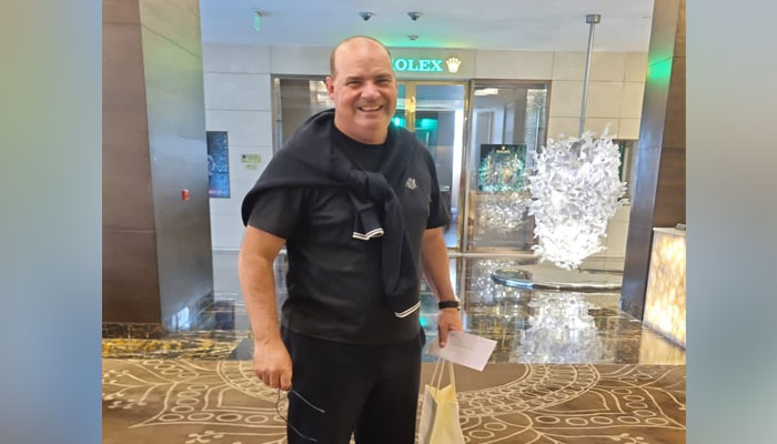 Director of Pakistan cricket team Mickey Arthur arrives in Hyderbad, India on October 1, 2023. — PCB