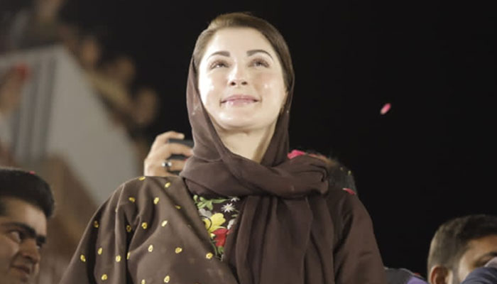 Pakistan Muslim League-Nawaz (PML-N) Senior Vice President Maryam Nawaz addresses the public gathering in Lahore on October 1, 2023. — X/@pmln_org