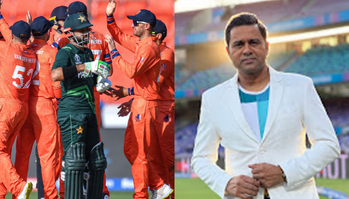 Netherlands´ Aryan Dutt (left) celebrates with teammates after taking the wicket of Pakistan´s Saud Shakeel during the 2023  ICC World Cup; former Indian cricketer Aakash Chopra. — AFP/YouTube/File