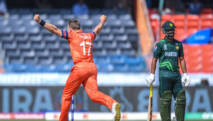 Netherlands´ Logan van Beek (left) celebrates after taking the wicket of Pakistan´s Fakhar Zaman during the World Cup 2023 ODI match between Pakistan and Netherlands at the Rajiv Gandhi International Stadium in Hyderabad, India on October 6, 2023. — AFP