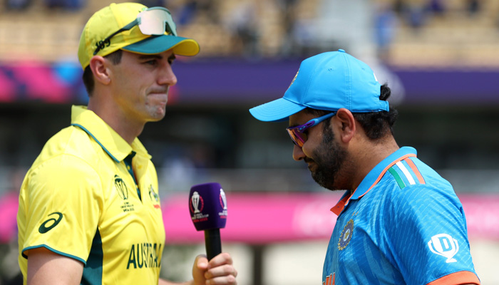 Australia skipper Pat Cummins (left) and India captain Rohit Sharma seen on the field ahead of their teams face off in the ICC World Cup 2023 in Chennai, India, on October 8, 2023. — Twitter/@BCCI