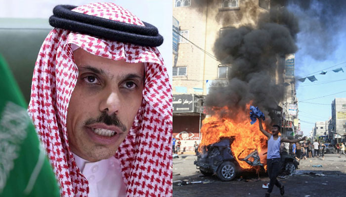 A file picture of Saudi Foreign Minister Prince Faisal bin Farhan al-Saud (L); A Palestinian boy reacts next to a burning Israeli vehicle that freedom fighters brought to Gaza after they infiltrated areas of southern Israel, in the northern Gaza Strip on October 7, 2023. — AFP