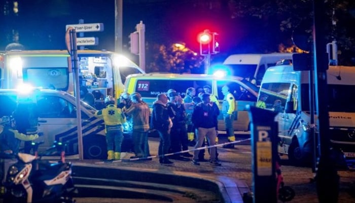 This photograph shows the police perimeter at the site of a shooting incident in the Ieperlaan — Boulevard d’Ypres, in Brussels, on October 16, 2023. – AFP