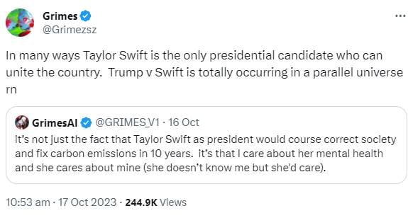 Taylor Swift is the only presidential candidate to unite the USA, claims Grimes