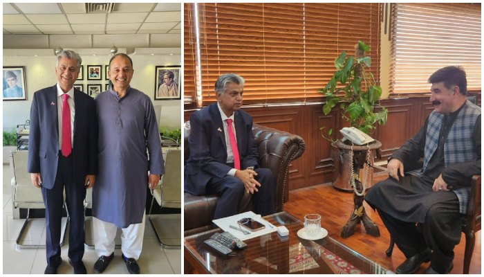 Interim Minister for Information and Broadcasting Murtaza Solangi (first left) meets PML-N leader Musadik Malik and PPPs Syed Akhunzada Chattan (right). — X@MoIB_Official