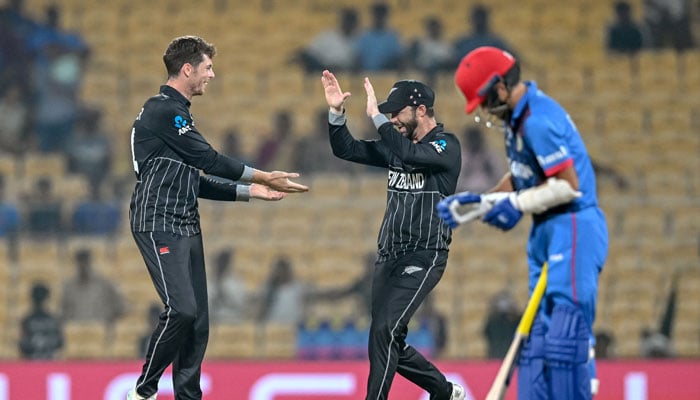 New Zealand´s Mitchell Santner (left) celebrates with teammate after taking the wicket of Afghanistan´s Fazalhaq Farooqi during the 2023 ICC Men´s Cricket World Cup match between New Zealand and Afghanistan at the MA Chidambaram Stadium in Chennai on October 18, 2023. — AFP