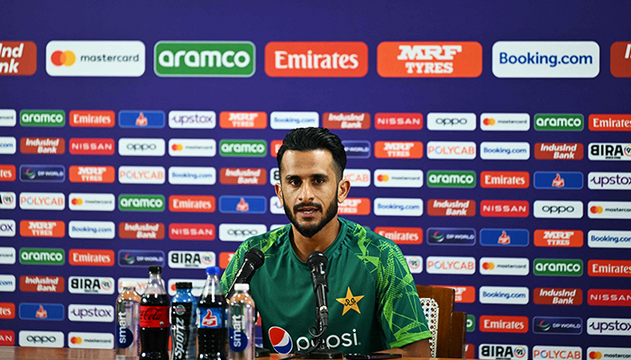 Pakistans Hasan Ali speaks during a press conference on the eve of the 2023 ICC Mens Cricket World Cup ODI match between Pakistan and Australia at the M Chinnaswamy Stadium in Bengaluru on October 19, 2023. — AFP