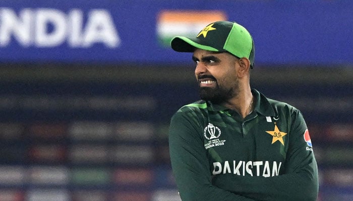 Pakistan´s captain Babar Azam reacts during the 2023 ICC Men´s Cricket World Cup match between India and Pakistan at the Narendra Modi Stadium in Ahmedabad on October 14, 2023. — AFP