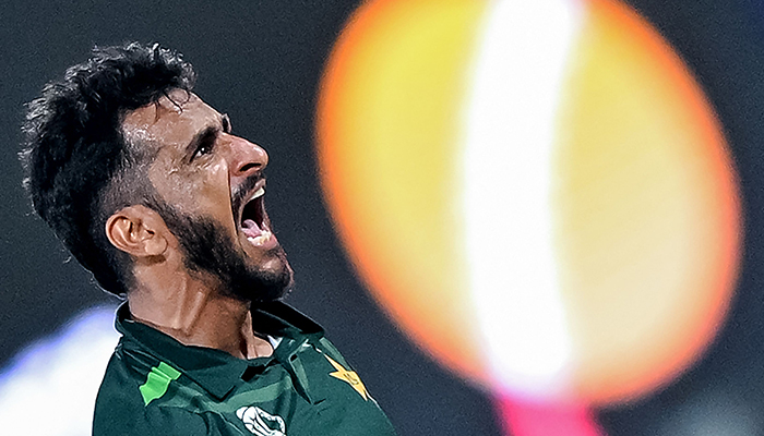 Pakistans Hasan Ali celebrates after taking the wicket of Afghanistan´s Ibrahim Zadran during the 2023 ICC World Cup ODI match between Pakistan and Afghanistan at the MA Chidambaram Stadium in Chennai on October 23, 2023. — AFP