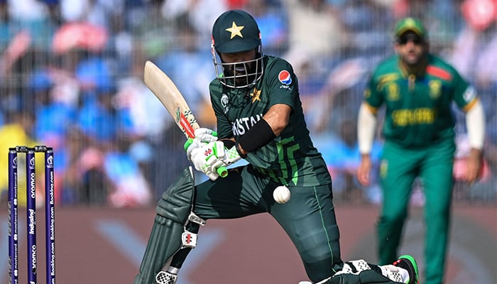 Pakistans Mohammad Rizwan plays a shot during the 2023 ICC Mens Cricket World Cup one-day international (ODI) match between Pakistan and South Africa at the MA Chidambaram Stadium in Chennai on October 27, 2023. — AFP