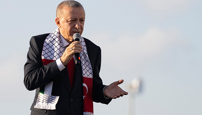Turkish President Tayyip Erdogan speaks during a rally organised by the AKP party in solidarity with the Palestinians in Gaza, in Istanbul on October 28, 2023. — AFP