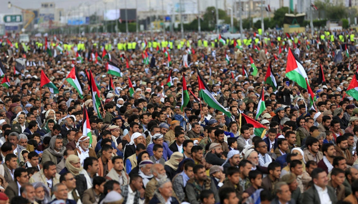 Thousands of Yemenis attended weekly Muslim prayers in the rebel-held capital Sanaa on Friday, many waving Palestinian flags in solidarity with Gaza. — AFP
