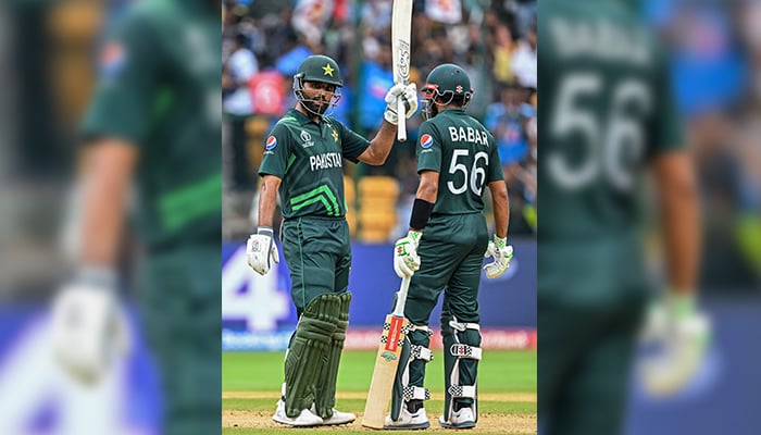 Fakhar Zaman celebrates after scoring 50 runs during World Cup ODI match between New Zealand and Pakistan at the M. Chinnaswamy Stadium in Bengaluru on November 4, 2023. — AFP