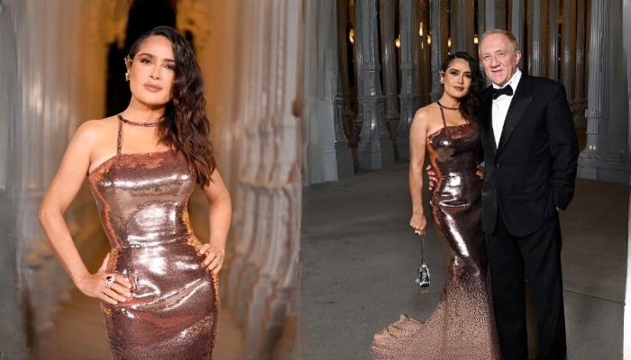 Salma Hayek looks beautiful in metallic glitzy gown as she poses at LACMA Gala