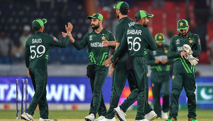 Pakistans players celebrate after winning the 2023 ICC Mens Cricket World Cup ODI between Pakistan and Netherlands at the Rajiv Gandhi International Stadium in Hyderabad on October 6, 2023. — AFP