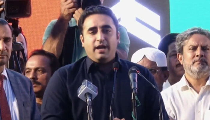 Pakistan Peoples Party Chairman Bilawal Bhutto-Zardari addresses a public rally in Mithi, Sindh on November 13, 2024, in this still taken from a video. — X/@PPP_Org