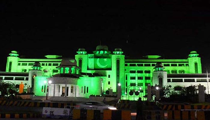 Prime Minister House is decorated with the lights in celebration of Independence Day. — APP/File