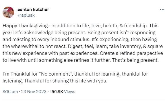 Ashton Kutcher breaks social media silence with cryptic Thanksgiving message