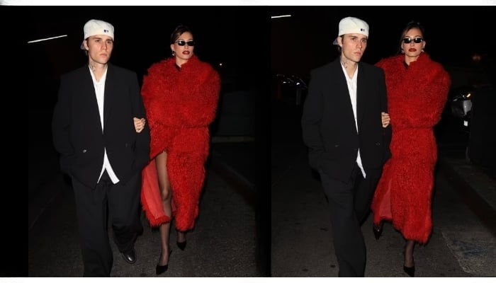 Despite the darkness outside, Hailey wore sunglasses as the couple walked arm-in-arm to the restaurant