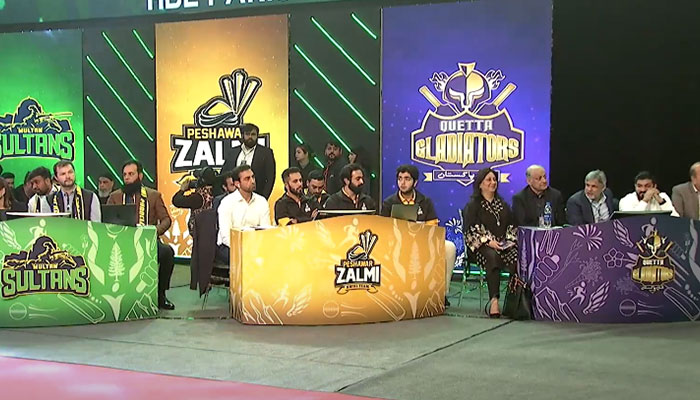 Teams participating in PSL 9 players draft event at Lahores National Cricket Academy (NCA) on December 13, 2023. — YouTube/Pakistan Super League