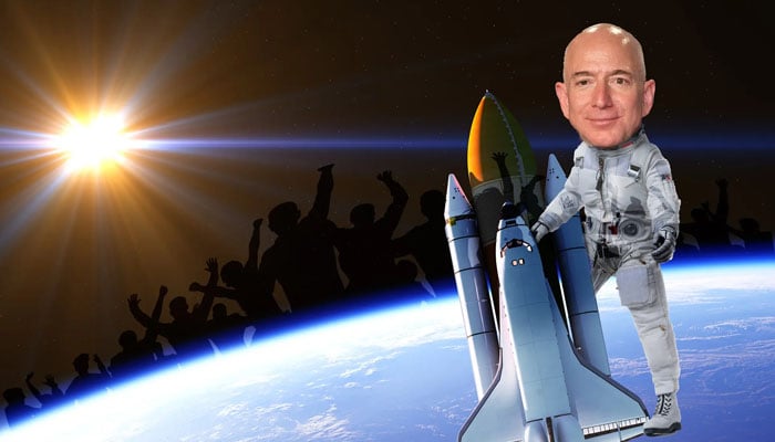 An illustration depicting Jeff Bezos holding a space rocket with planet earth and the sun as a backdrop. — X/@nyp