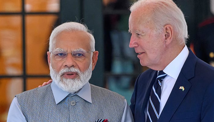 US President Joe Biden (right) greets Indias Prime Minister Narendra Modi as he arrives at the South Portico of the White House in Washington, DC on June 21, 2023. — AFP
