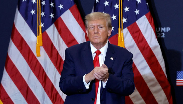 Former US President and 2024 presidential hopeful Donald Trump gestures at an event in Waterloo, Iowa, US, Dec 19, 2023. — AFP