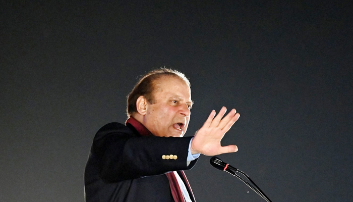 Former PM Nawaz Sharif addresses supporters upon his arrival from a self-imposed exile in London, ahead of the 2024 Pakistani general election, in Lahore, on October 21, 2023. — AFP