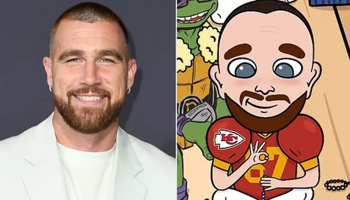 Travis Kelce and Kelce as he appears in the Nickelodeon NFL Christmas cartoon. — Nickelodeon