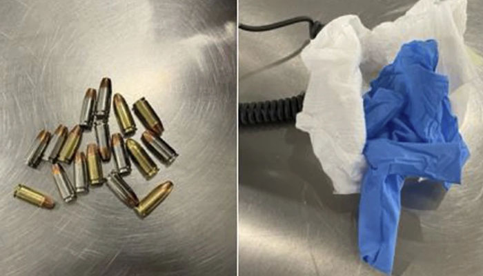 This combination of photos provided by the Transportation Security Administration shows 17 bullets security officers found concealed inside a disposable baby diaper on Wednesday, Dec 20, 2023, at LaGuardia Airport in New York. — TSA