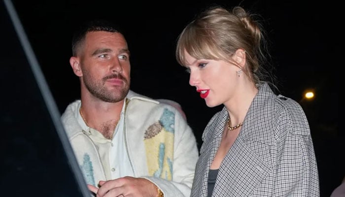 Travis Kelce and Taylor Swift spotted together after a gathering. — X/@grosbygroup