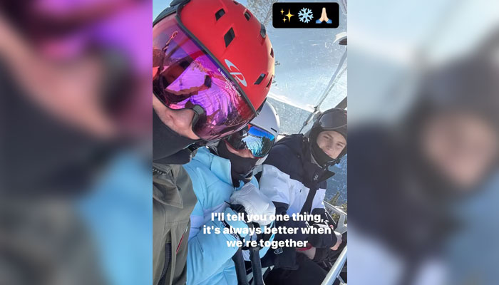 A screengrab of Tom Bradys Instagram Story showing himself and his children Benjamin and Vivian on a ski lift. — Instagram/@tombrady