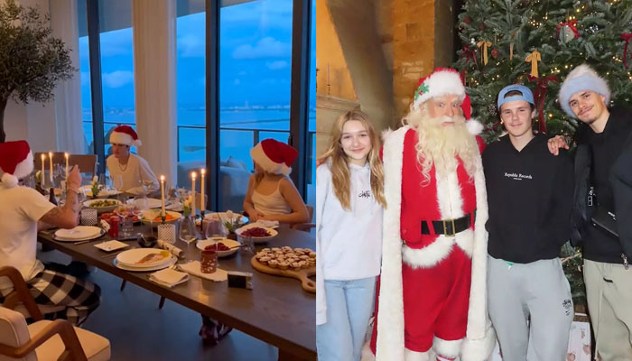 Cruz, Brooklyn and Harper Beckham enjoy a Christmas dinner with family. The Beckhams hang out with Santa on Christmas Eve. Instagram/@victoriabeckham TikTok/@nicolapeltz