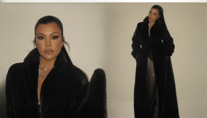 Kourtney looked terrific with a leggy display in a long, black fuzzy coat clasped at the front.