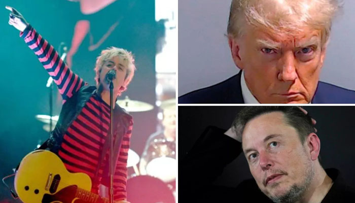 Elon Musk gestures during a gathering. Donald Trump gestures in a mugshot. Green Day performs on New Years. — X/@euronews