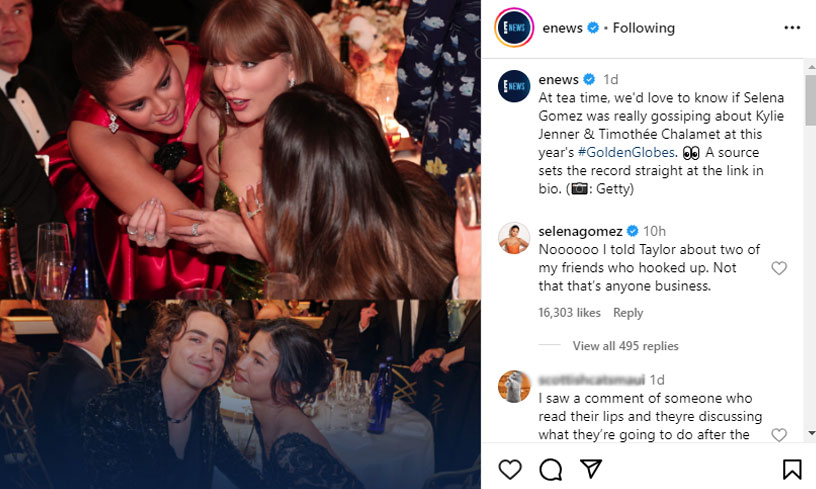 Selena Gomez reveals gossip she spilled to Taylor Swift at 2024 Golden Globes