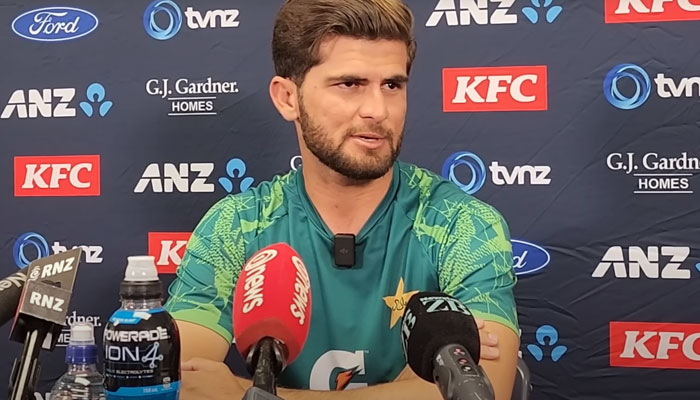 Shaheen Shah Afridi addresses a press conference on January 11, 2024. — PCB