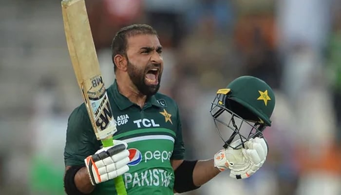 Pakistans Iftikhar Ahmed celebrates after scoring a century during the Asia Cup 2023 match against Nepal. — AFP/File