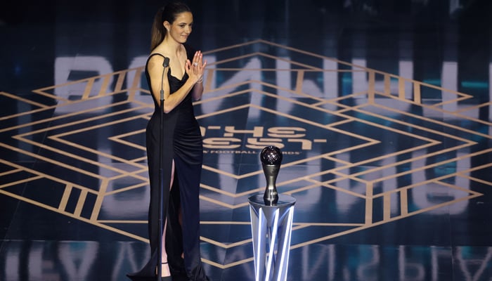 Spain and Barcelona midfielder Aitana Bonmati receives The Best FIFA Womens Player award during the Best FIFA Football Awards 2023 ceremony in London on January 15, 2024. — AFP