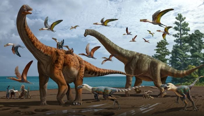 Silutitan sinensis'i (solda) ve Hamititan xinjiangensis'i (sağda) çevredeki diğer theropodlar ve dinozor türleriyle birlikte gösteren bir sanatçı illüstrasyonu.  — Chuang Zao