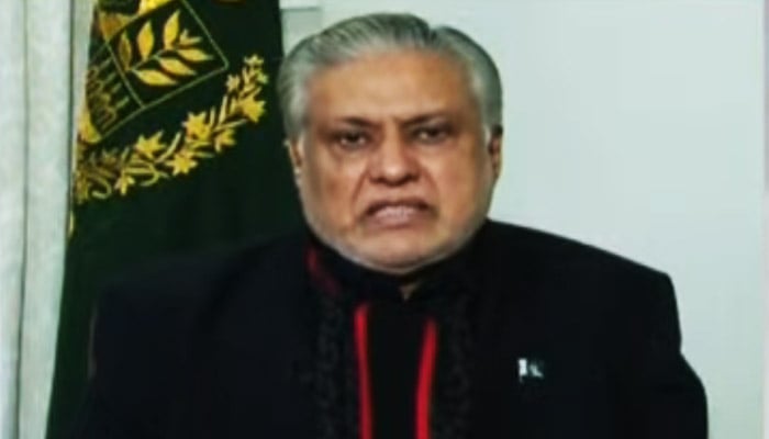 PML-N leader Ishaq Dar speaks during an interview on “Aaj Shahzeb Khanzada Kay Saath” on January 17, 2024, in this photo taken from a video. — Geo News