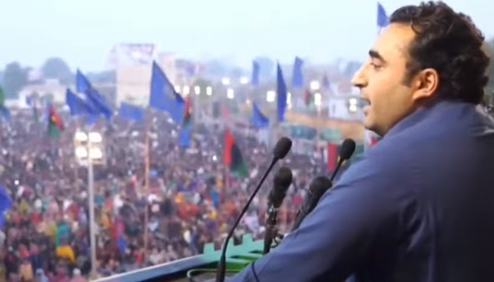 PPP Chairman Bilawal Bhutto-Zardari addresses a public gathering in Shahdadkot, Sindh on January 17, 2024, in this photo taken from a video. — PTV