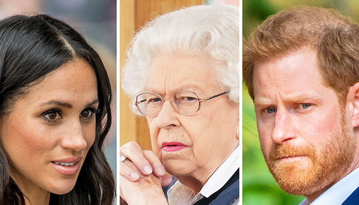 Meghan Markle (L), Queen Elizabeth (C), Prince Harry (R)